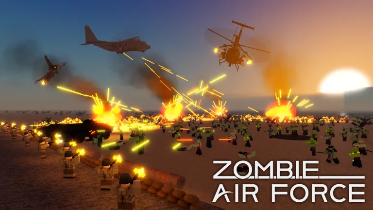 Zombie Air Force sunset frontline with aircraft, ground vehicles and defenses holding back the zombie horde