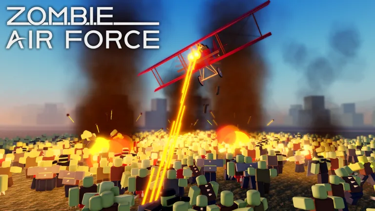 The Zombie Air Force red biplane strafing a massive zombie horde